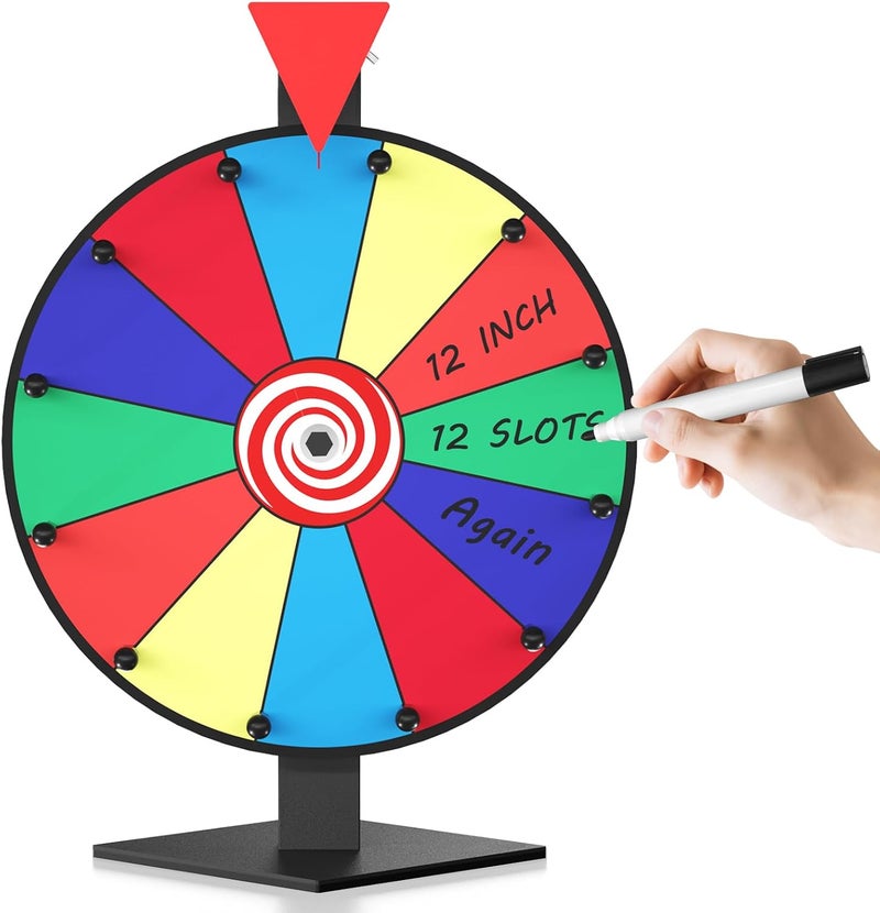 Retbtnm 12 Inch Prize Wheel, 12 Slots Color Spinning Wheel with Diamond Base, Heavy Duty Tabletop Spinner Wheel Includes Dry Erase Marker & Eraser for Parties, Rewards & Classroom Activities - Image 1